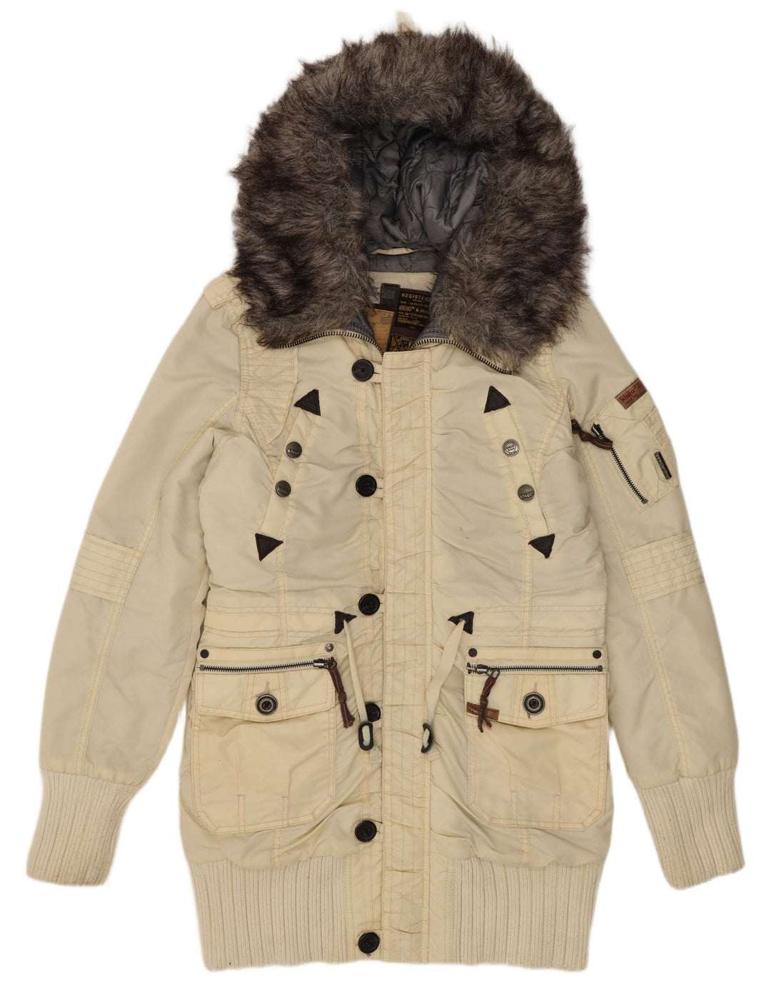 Giacca parka con cappuccio da donna KHUJO UK 16 grande nylon bianco sporco