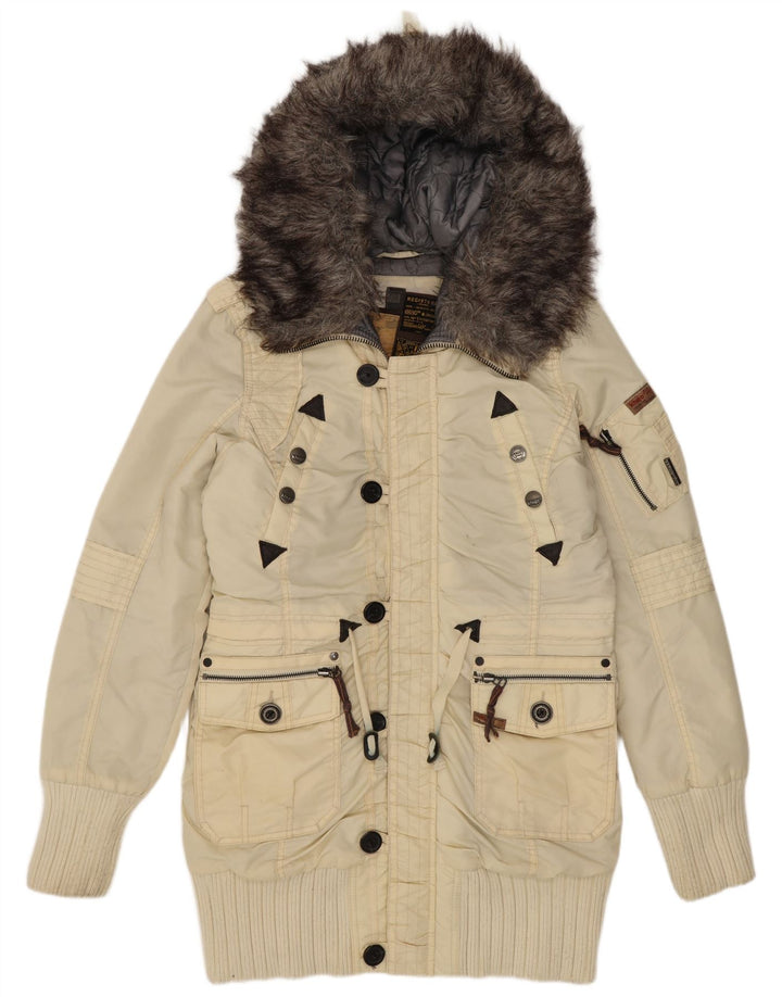 Giacca parka con cappuccio da donna KHUJO UK 16 grande nylon bianco sporco