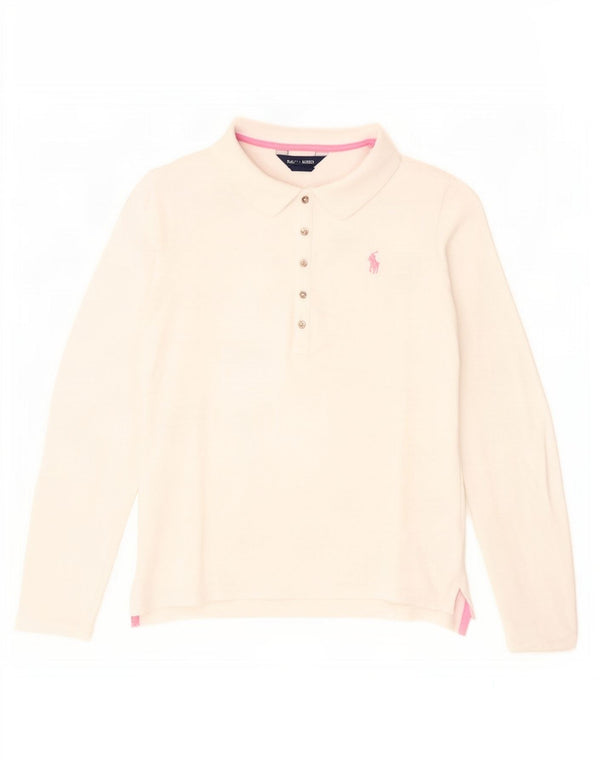 Polo a maniche lunghe da donna Ralph Lauren UK 10 piccola classica in cotone bianco