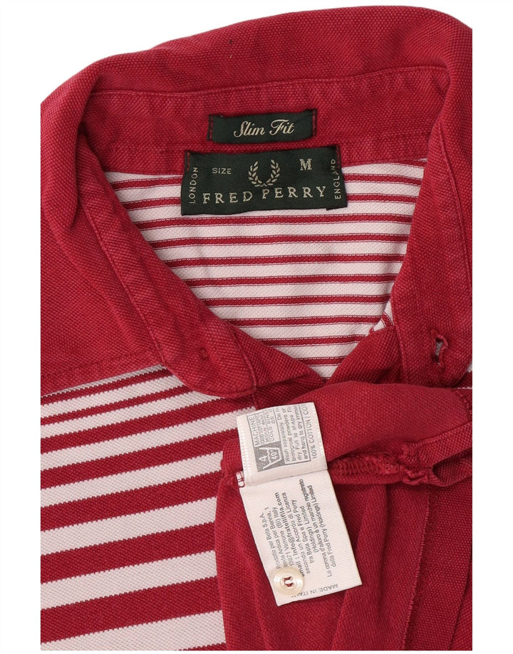 FRED PERRY Mens Slim Fit Polo Shirt Medium Maroon Striped Cotton