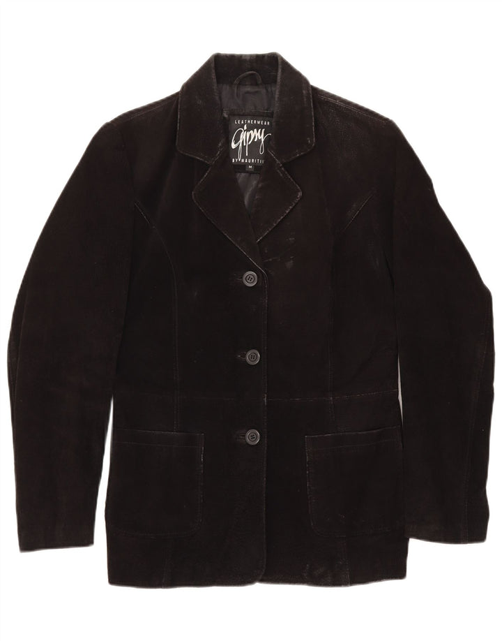 Giacca blazer in pelle scamosciata da donna a 3 bottoni GYPSY UK 14 pelle nera media