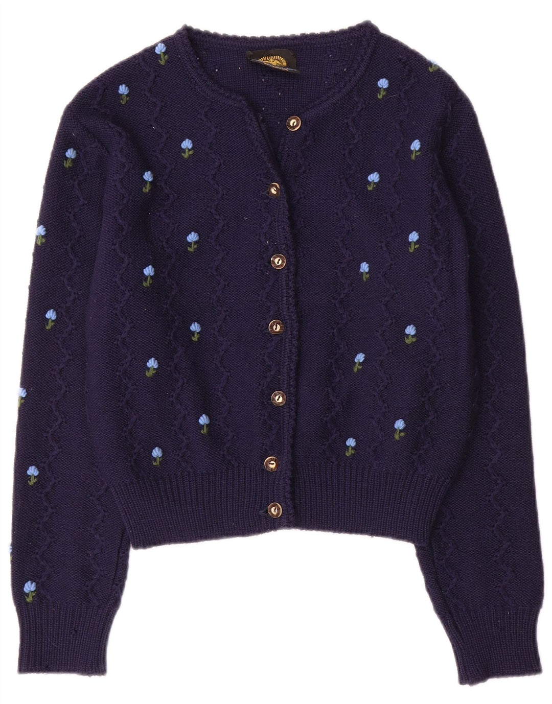 Maglione cardigan corto da donna vintage UK 12 medio blu navy floreale
