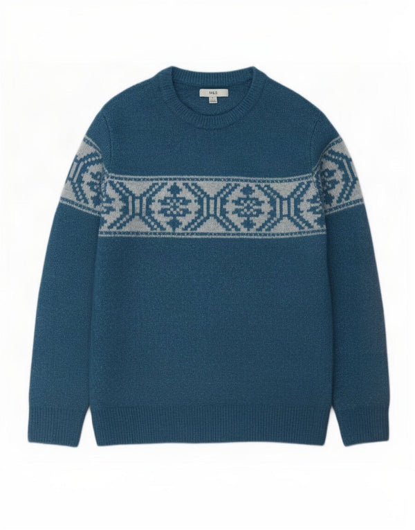 Marks & Spencer Mens Boat Neck Jumper Sweater Medium Blue Fair Isle Acrylic