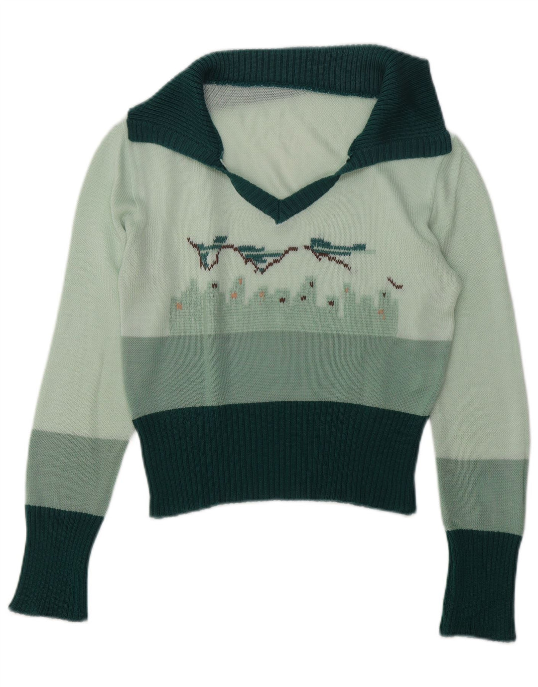 Maglione vintage da donna con collo a polo grafico UK 14 Verde medio