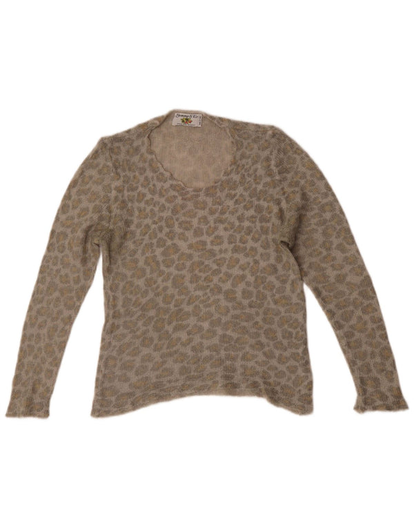 Maglione da donna vintage con scollo a barca, UK 10, piccola stampa animale grigia