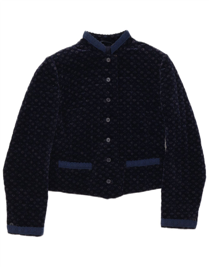 Giacca blazer vintage da donna a 7 bottoni UK 12 cotone maculato medio blu navy