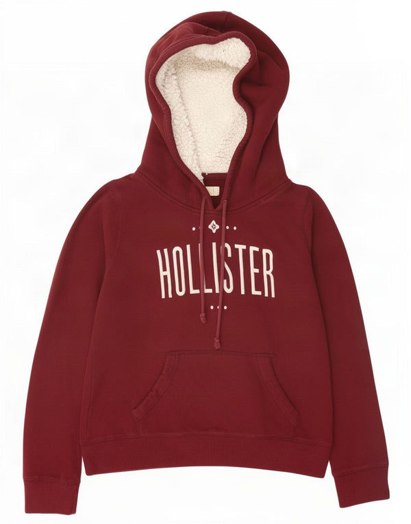 Hollister Womens Graphic Hoodie Jumper UK 16 Large Burgundy Cotton