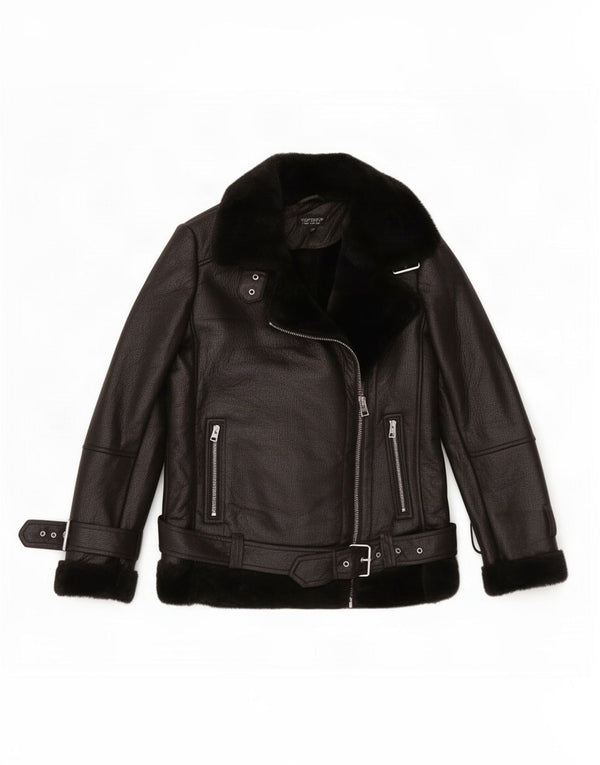 Topshop Giacca da motociclista oversize in ecopelle Sherpa da donna UK 8 piccola nera