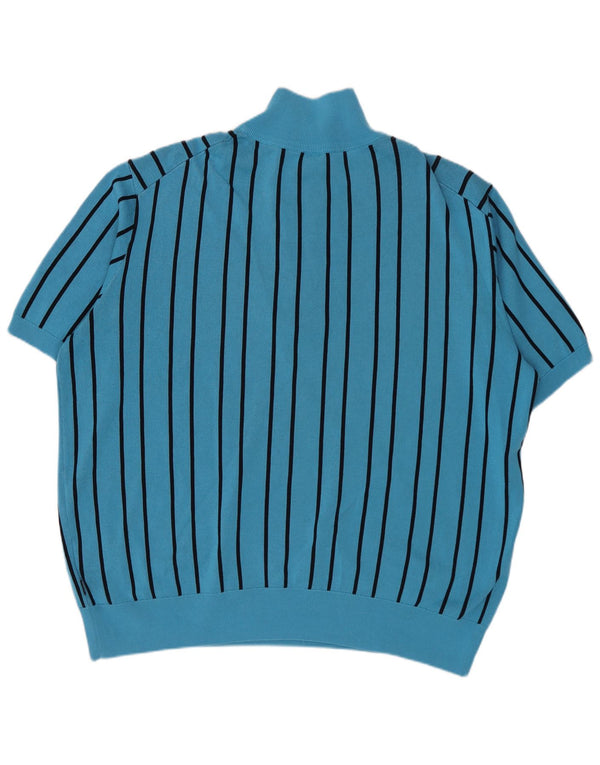 Hugo Boss Mens Short Sleeve Zip Neck Jumper Sweater XL Blue Striped Cotton