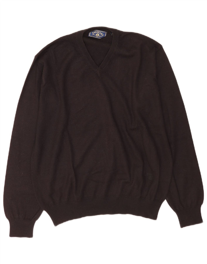 Maglione da uomo Navigare con scollo a V, grande, in lana nera