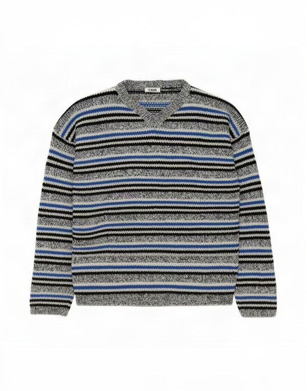 Maglione vintage da uomo con scollo a V grigio medio a righe