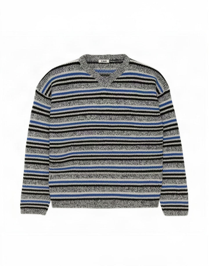 Maglione vintage da uomo con scollo a V grigio medio a righe