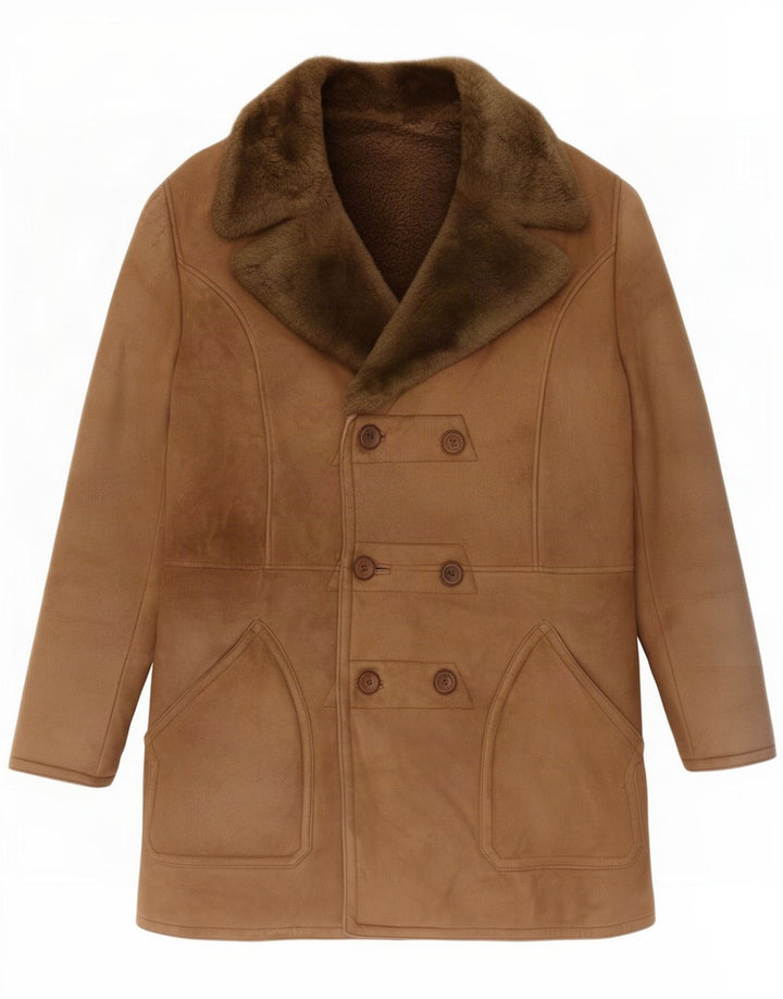Cappotto doppiopetto in shearling vintage da uomo UK 40 grande marrone