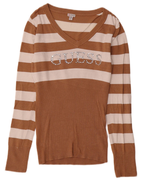 Maglione da donna con scollo a V grafico Guess UK 12 Rayon a righe beige medio