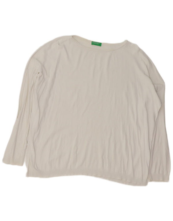 BENETTON Maglione oversize da donna con scollo a barca UK 14 Medio Bianco