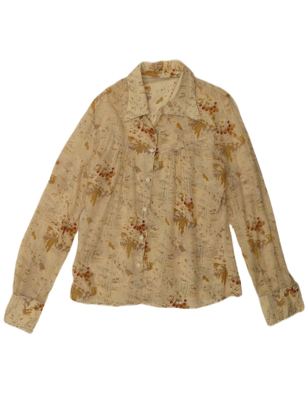 Camicetta camicia vintage da donna UK 14 Beige medio floreale