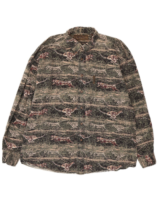 VINTAGE Camicia da uomo in flanella di cotone con stampa animalier verde grande