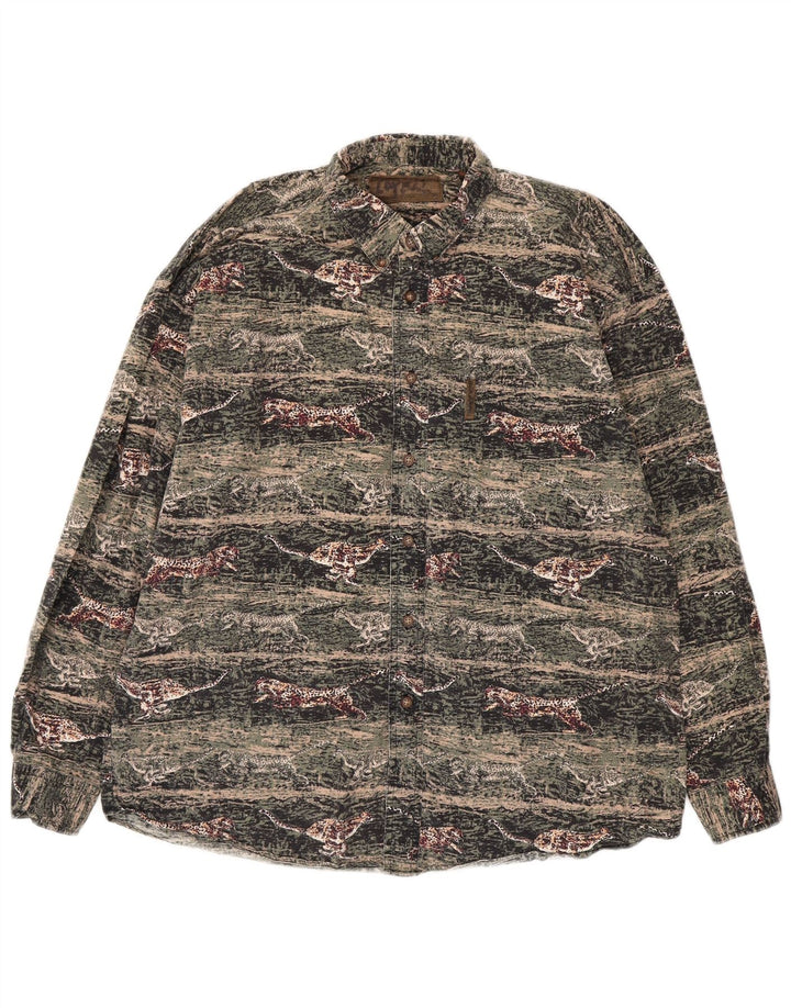 VINTAGE Camicia da uomo in flanella di cotone con stampa animalier verde grande