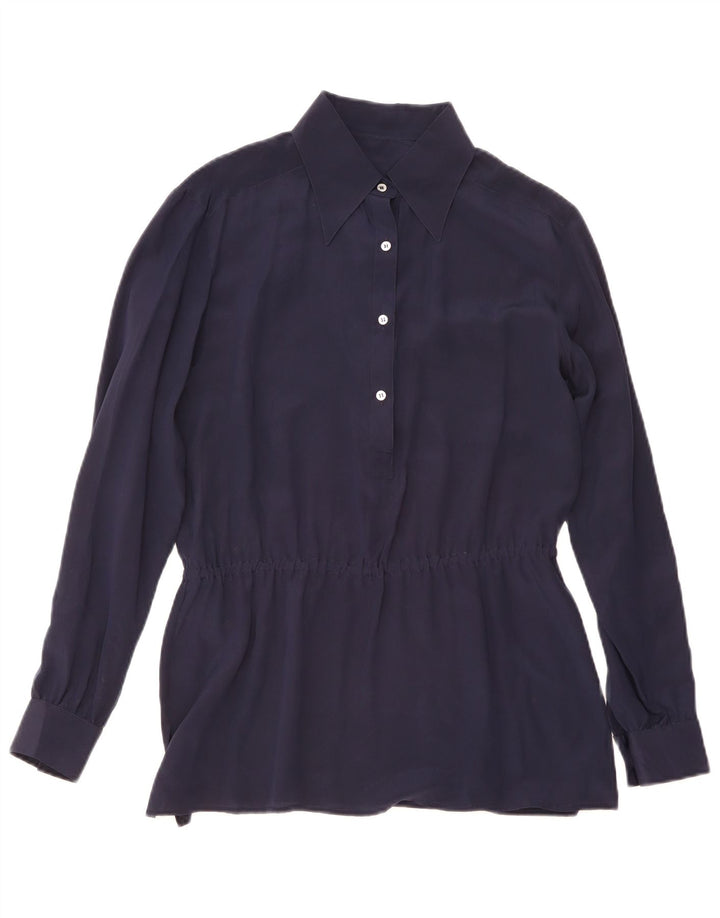 Camicia pullover grafica da donna vintage UK 14 blu navy medio