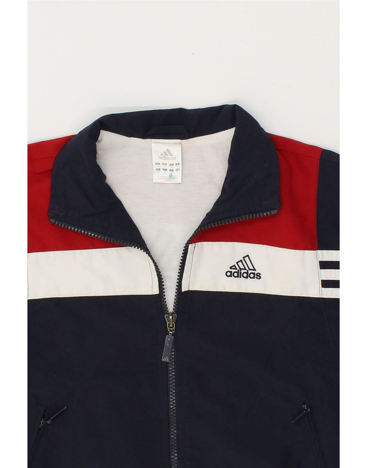 ADIDAS Boys Graphic Tracksuit Top Jacket 9-10 Years Navy Blue Colourblock Vintage Adidas and Second-Hand Adidas from Messina Hembry 