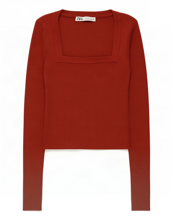 Top corto da donna Zara a maniche lunghe UK 8 piccolo in viscosa bordeaux