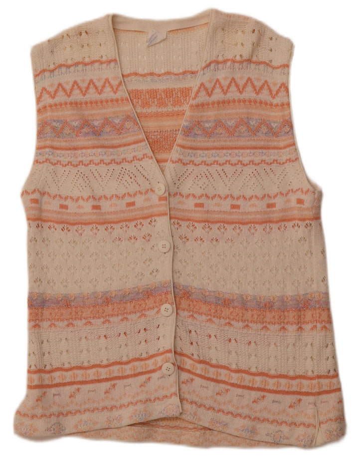 Maglione cardigan senza maniche da donna VINTAGE UK 14 Medio Bianco geometrico