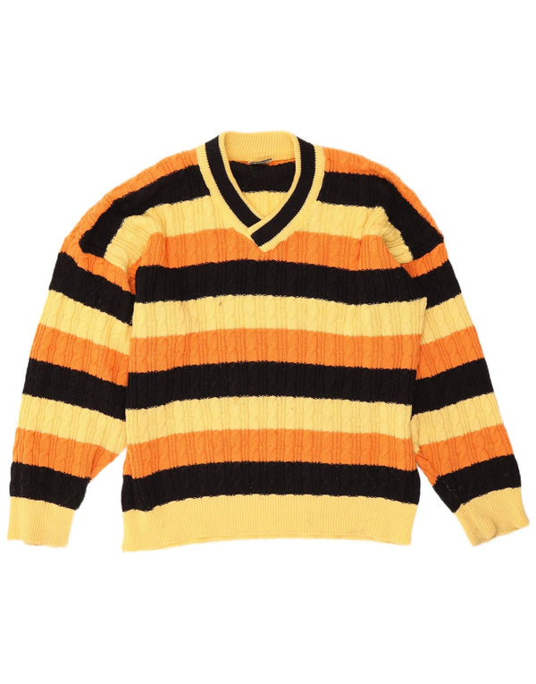 Vintage Mens V-Neck Jumper Sweater XL Yellow Striped