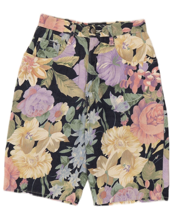 Pantaloncini di jeans a vita alta da donna vintage UK 10 piccoli W24 floreale multicolore