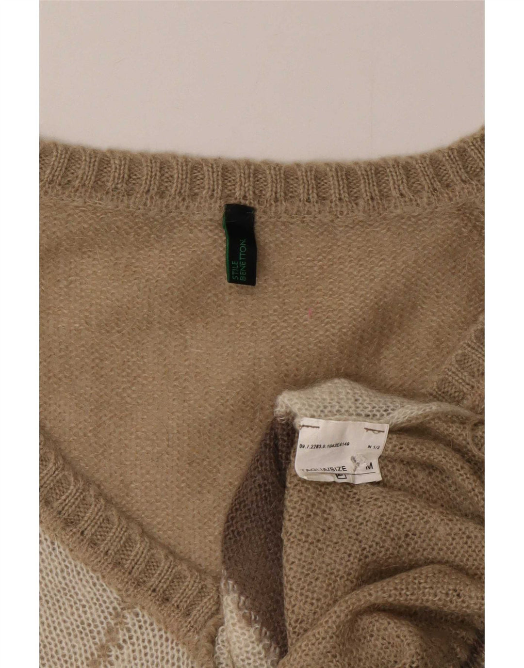 Maglione da donna con scollo a V Benetton UK 14 Argyle/diamante beige medio