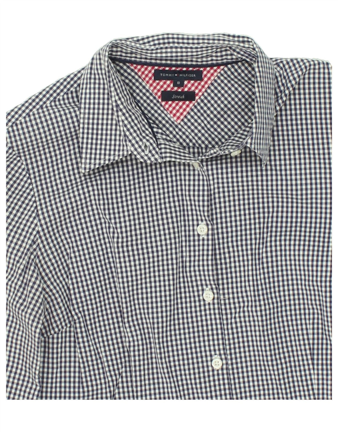 TOMMY HILFIGER Womens Stretch Shirt US 8 Medium Navy Blue Gingham Cotton Vintage Tommy Hilfiger and Second-Hand Tommy Hilfiger from Messina Hembry 