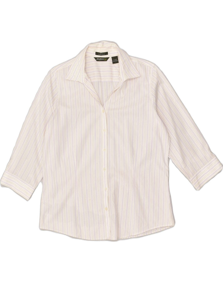 EDDIE BAUER Womens 3/4 Sleeve Shirt UK 16 Large White Striped Cotton | Vintage Eddie Bauer | Thrift | Second-Hand Eddie Bauer | Used Clothing | Messina Hembry 
