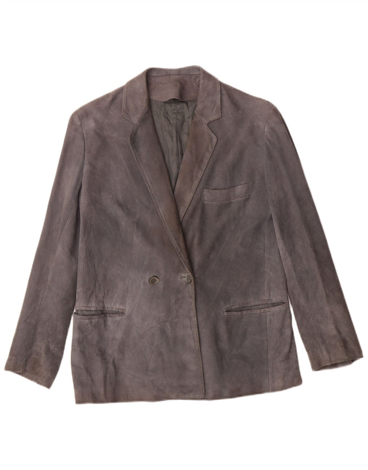 Giacca blazer doppiopetto in pelle scamosciata da donna VINTAGE UK 14 Grigio medio