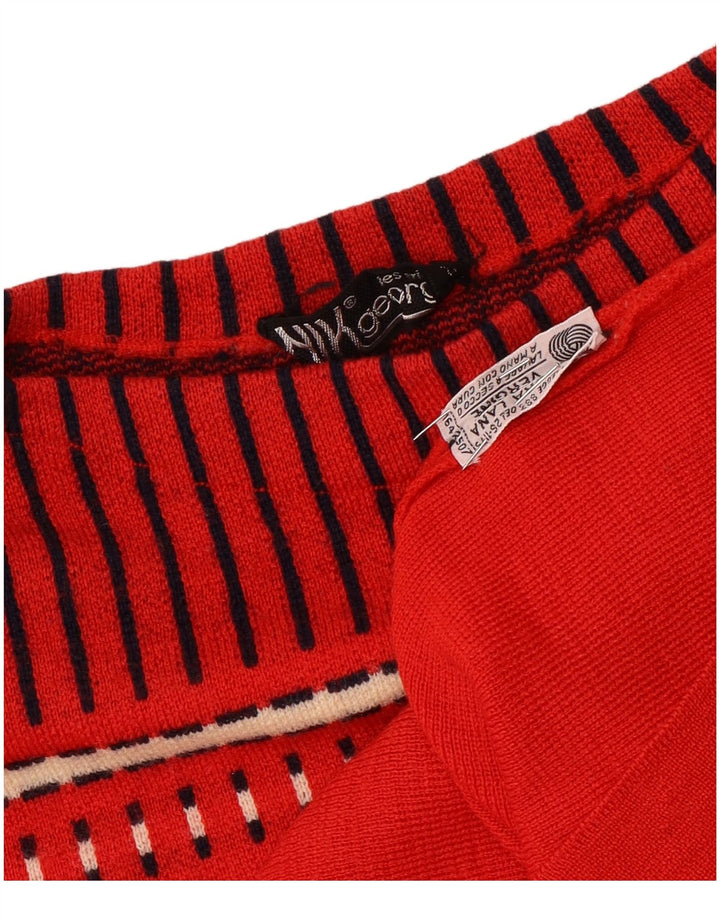 Maglione maglione con scollo a barca vintage da donna UK 10 piccolo rosso geometrico