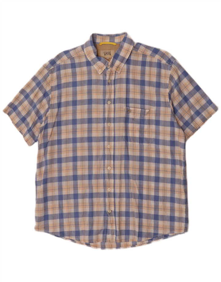 Camicia a maniche corte da uomo color cammello in lino a quadri blu grande