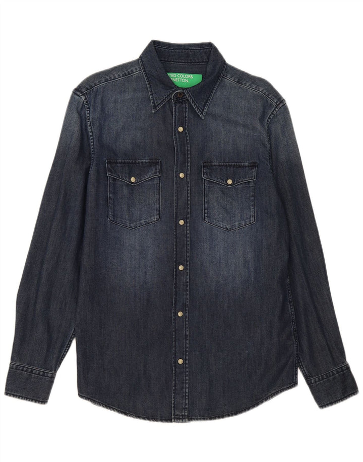 Camicia di jeans da uomo Benetton in cotone blu navy medio