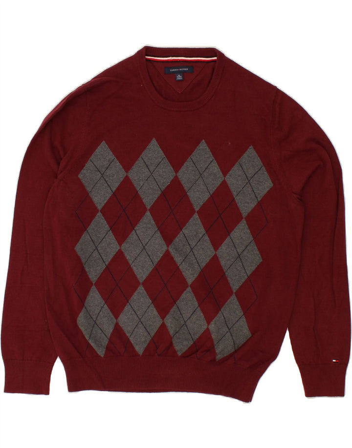 TOMMY HILFIGER Mens Crew Neck Jumper Sweater XL Maroon Argyle/Diamond Vintage Tommy Hilfiger and Second-Hand Tommy Hilfiger from Messina Hembry 