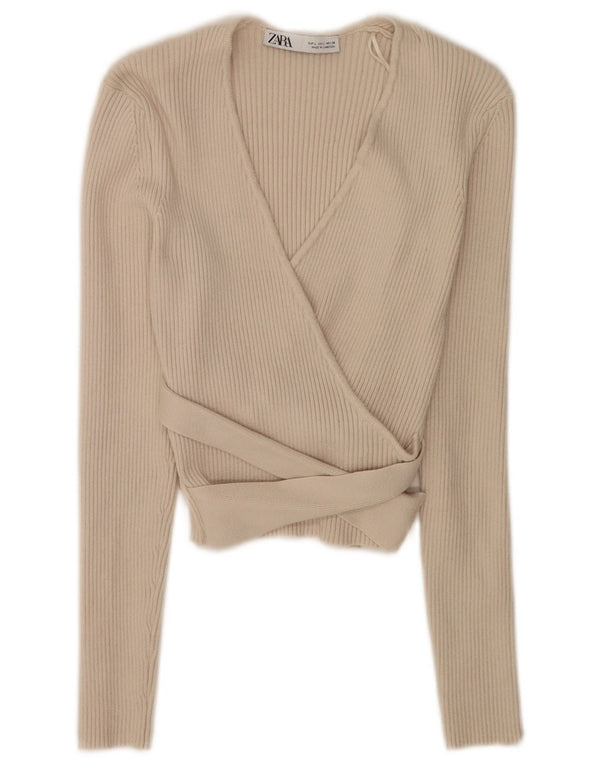 Zara Donna Crop Wrap Cardigan Top UK 14 Large Beige Viscosa