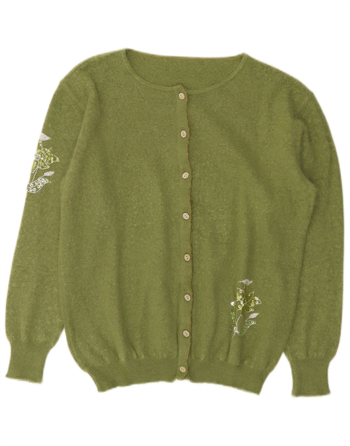 Maglione cardigan da donna VINTAGE UK 12 Angora floreale verde medio