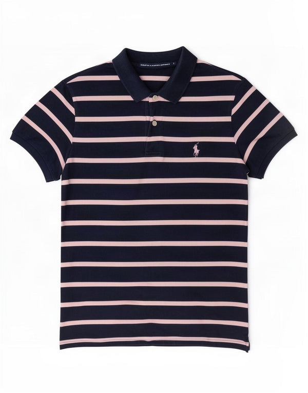Ralph Lauren Womens Polo Shirt UK 16 Large Navy Blue Striped Cotton