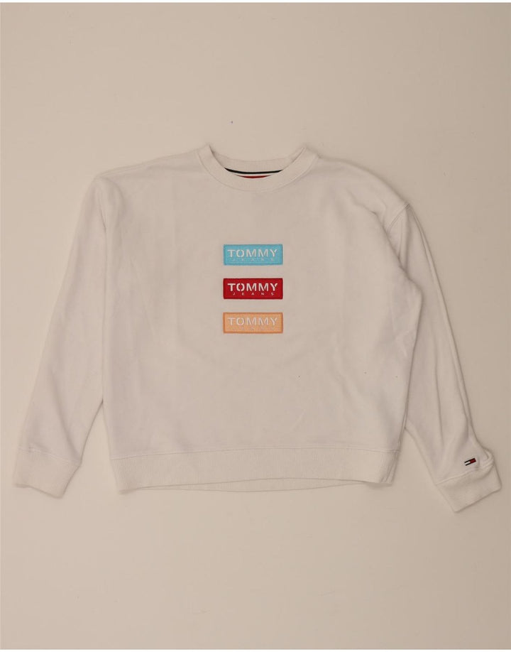 TOMMY HILFIGER Womens Graphic Sweatshirt Jumper UK 10 Small White Vintage Tommy Hilfiger and Second-Hand Tommy Hilfiger from Messina Hembry 