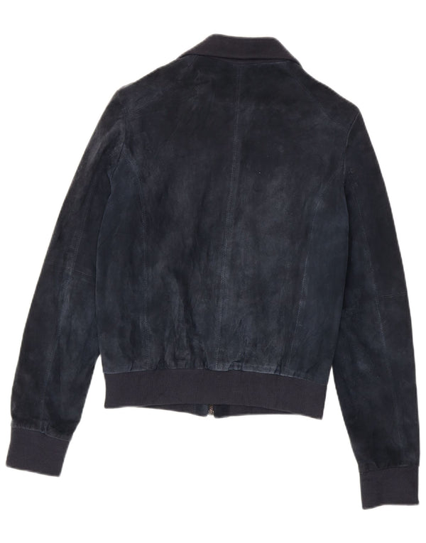 Giubbotto bomber in pelle scamosciata vintage da donna UK 12 in pelle blu navy media
