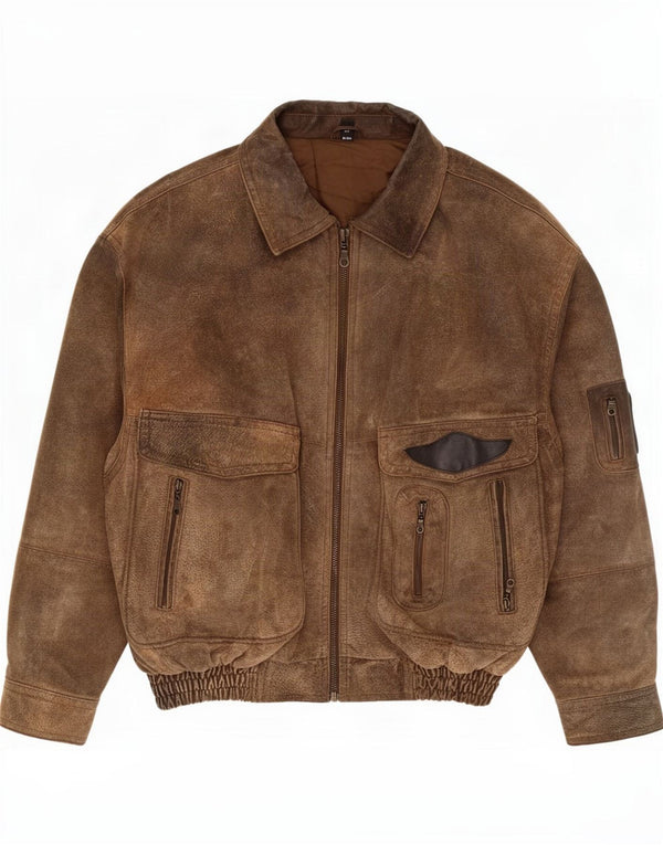Giubbotto bomber da uomo in pelle scamosciata Front Line IT 54 2XL Pelle marrone