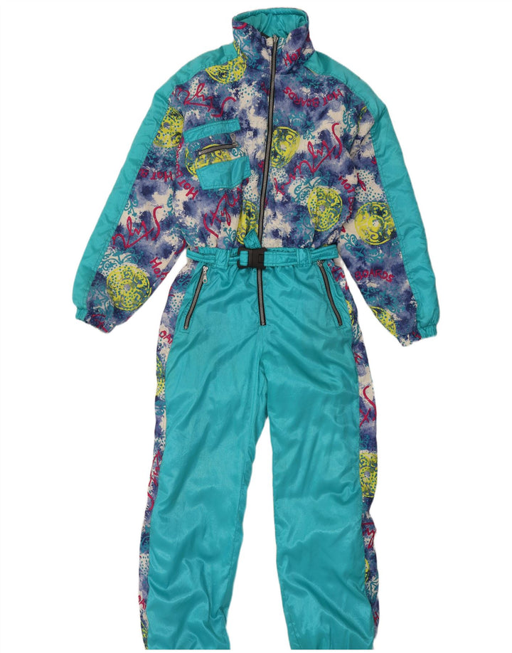 Tuta da sci vintage da donna oversize con cappuccio grafico IT 44 medio turchese