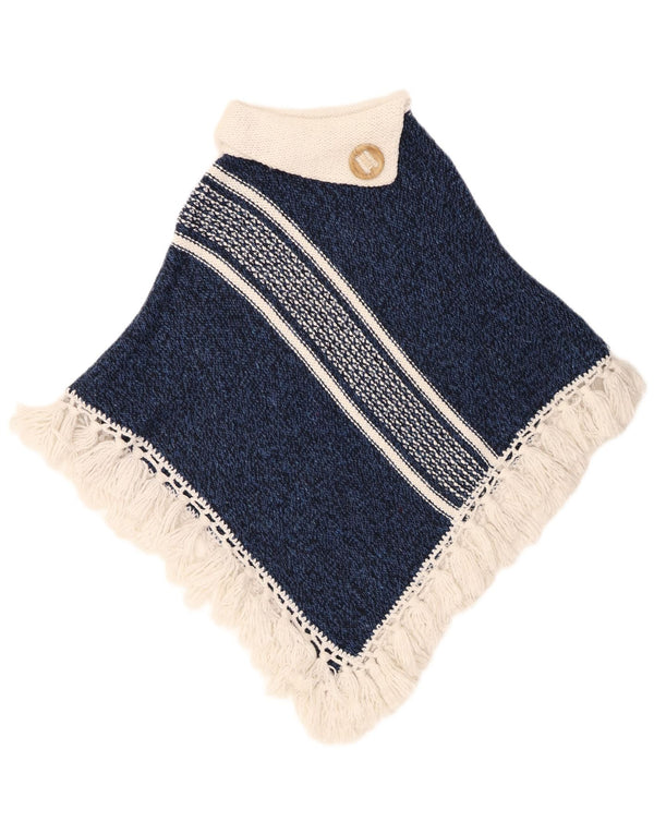 Maglione poncho vintage da donna, taglia unica, in lana a righe blu