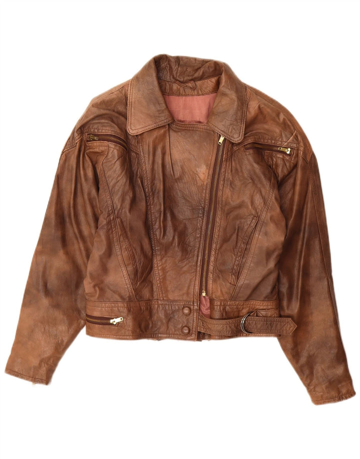 Giacca da motociclista in pelle da donna vintage UK 10 piccola pelle marrone