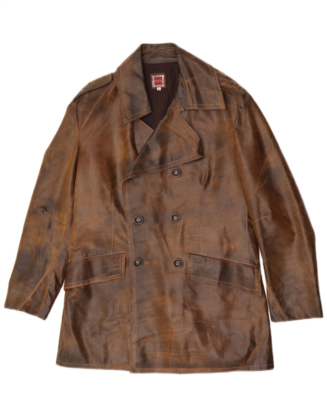 Cappotto doppiopetto in pelle da uomo Sasch UK 38 Pelle marrone medio