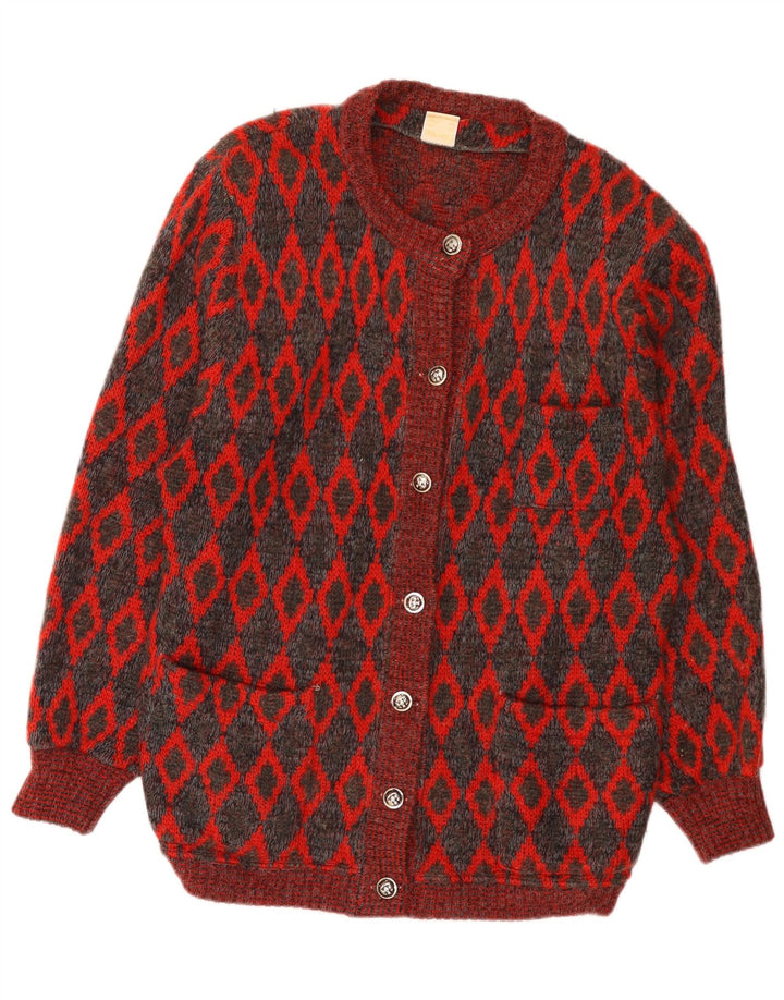 Maglione cardigan oversize da donna VINTAGE UK 16 Lana geometrica rossa grande