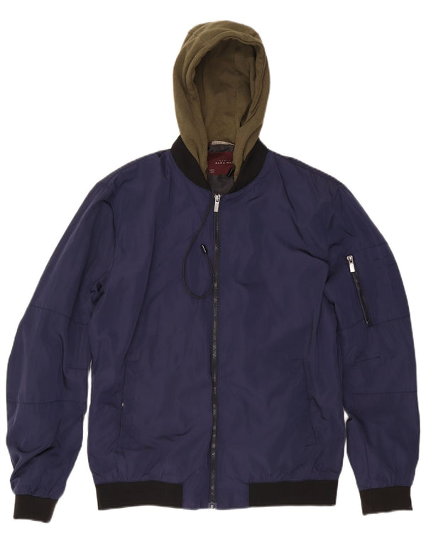 Giubbotto bomber con cappuccio da uomo Zara UK 40 grande poliestere color block blu navy