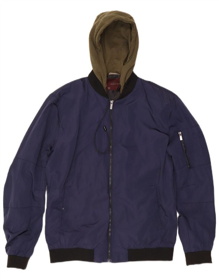 Giubbotto bomber con cappuccio da uomo Zara UK 40 grande poliestere color block blu navy