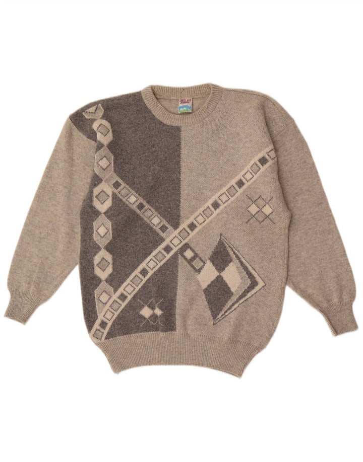 Maglione maglione girocollo da uomo Shetland Jeneros grigio medio geometrico